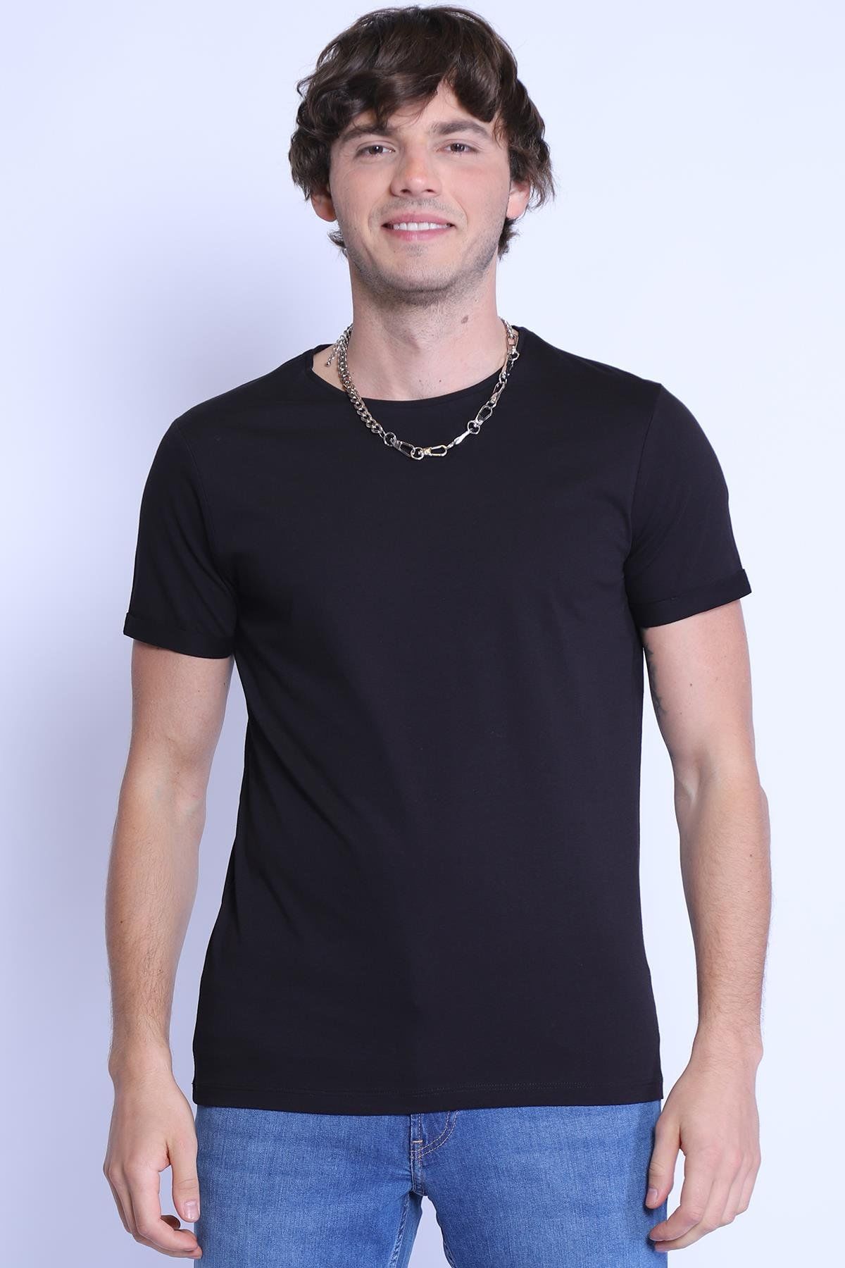 ETS 1828 Düz Renk Bisiklet Yaka Erkek T-shirt Siyah