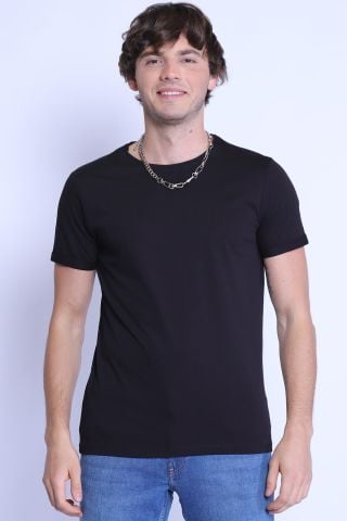 ETS 1828 Düz Renk Bisiklet Yaka Erkek T-shirt Siyah