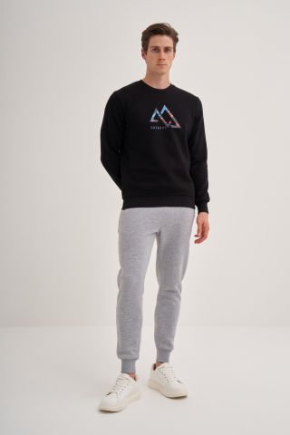Caz 5172 Bisiklet Yaka Baskılı 3 İplik Erkek Sweat Siyah