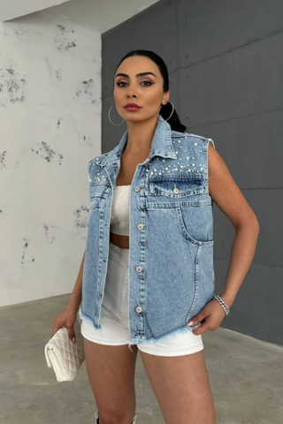 Ast 490 İnci İşlemeki Oversize Kadın Kot Yelek A.Mavi