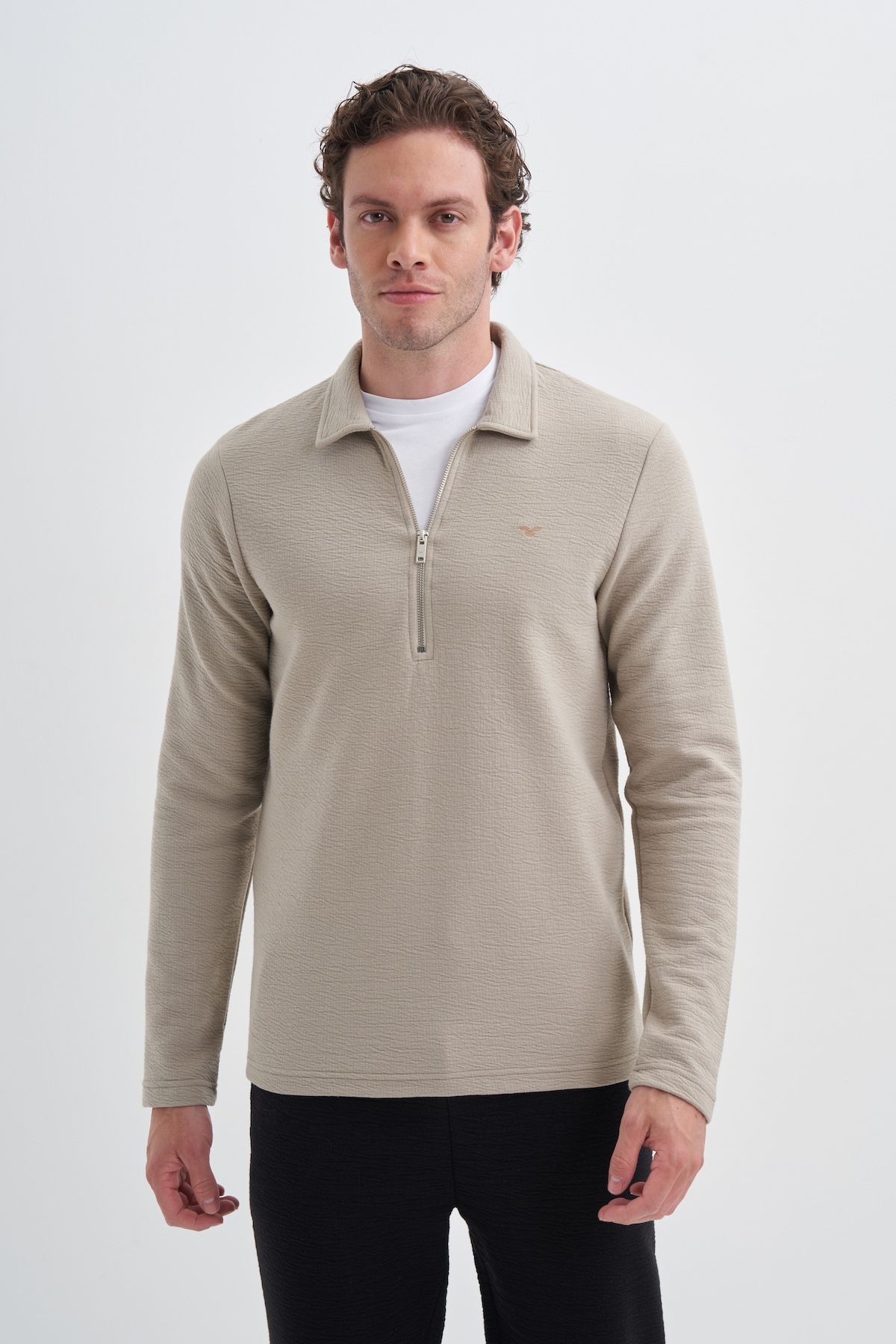 CAz 5077 Polo Yaka Yarım Fermuarlı Altı Lastiksiz Erkek Sweat Bej