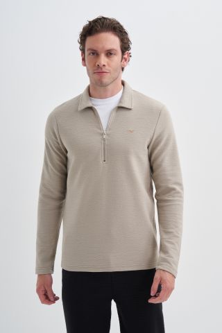 CAz 5077 Polo Yaka Yarım Fermuarlı Altı Lastiksiz Erkek Sweat Bej