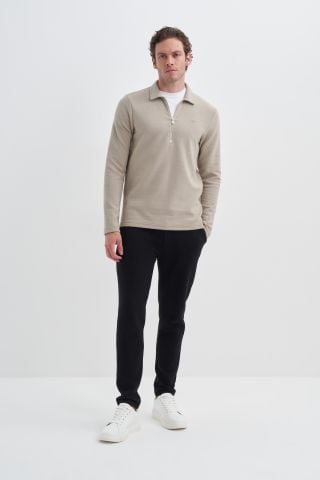CAz 5077 Polo Yaka Yarım Fermuarlı Altı Lastiksiz Erkek Sweat Bej