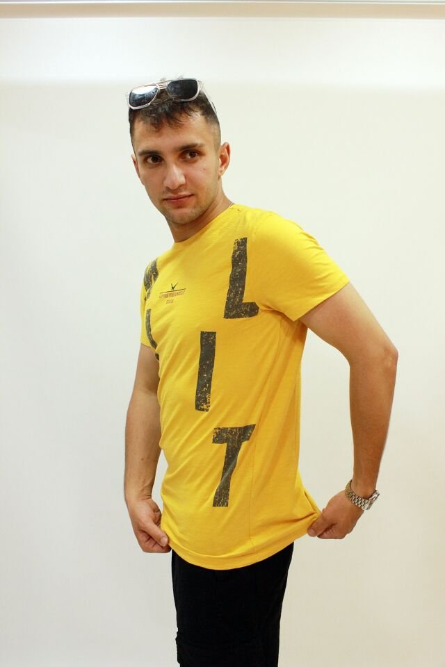 CAZ 4089 Bisiklet Yaka Baskılı Erkek T-Shirt Hardal