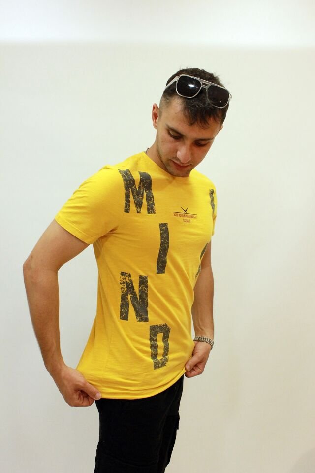 CAZ 4089 Bisiklet Yaka Baskılı Erkek T-Shirt Hardal