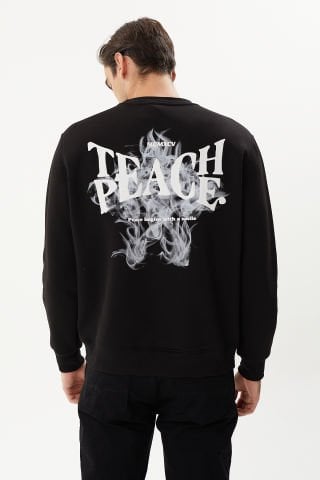 ESW 2757-D Black Sırt Baskılı Bisiklet Yaka Şardonlu Erkek Kalın Sweat Siyah