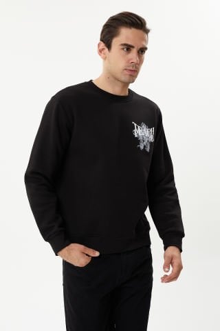 ESW 2757-D Black Sırt Baskılı Bisiklet Yaka Şardonlu Erkek Kalın Sweat Siyah