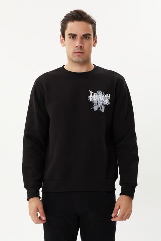 ESW 2757-D Black Sırt Baskılı Bisiklet Yaka Şardonlu Erkek Kalın Sweat Siyah