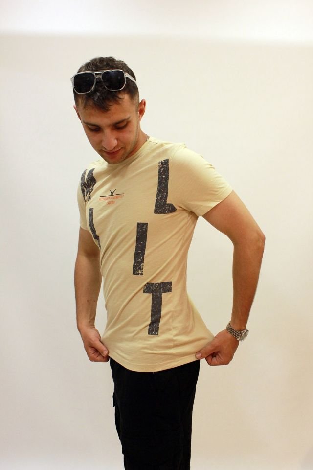 CAZ 4089 Bisiklet Yaka Baskılı Erkek T-Shirt Bej