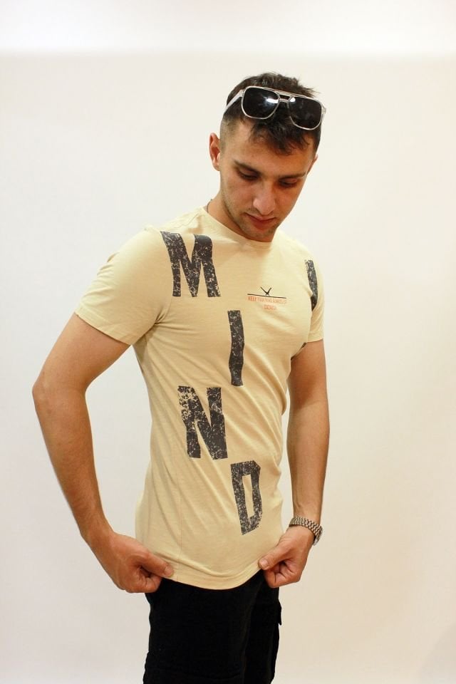 CAZ 4089 Bisiklet Yaka Baskılı Erkek T-Shirt Bej