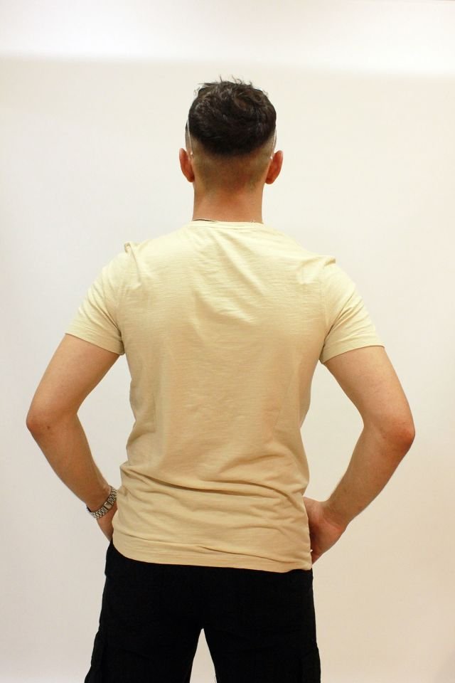 CAZ 4089 Bisiklet Yaka Baskılı Erkek T-Shirt Bej