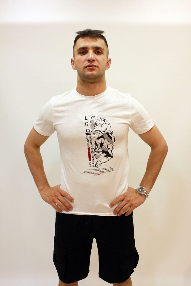 CAZ 4188 Bisiklet Yaka Baskılı Erkek T-Shirt Beyaz