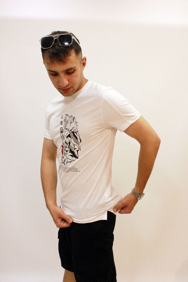 CAZ 4188 Bisiklet Yaka Baskılı Erkek T-Shirt Beyaz