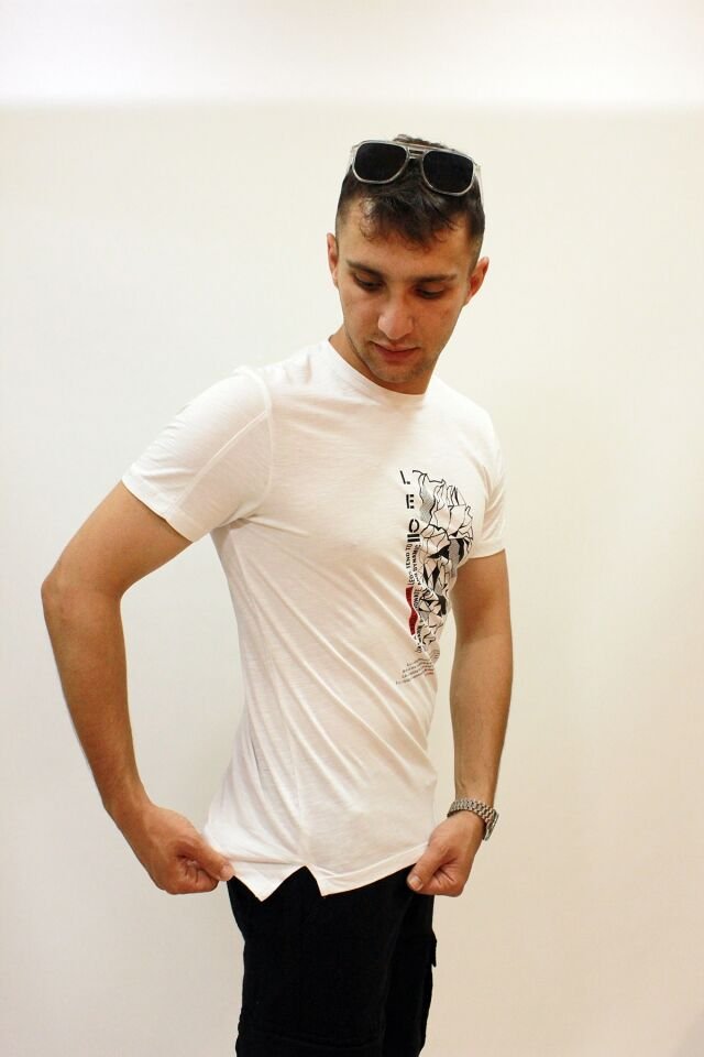 CAZ 4188 Bisiklet Yaka Baskılı Erkek T-Shirt Beyaz