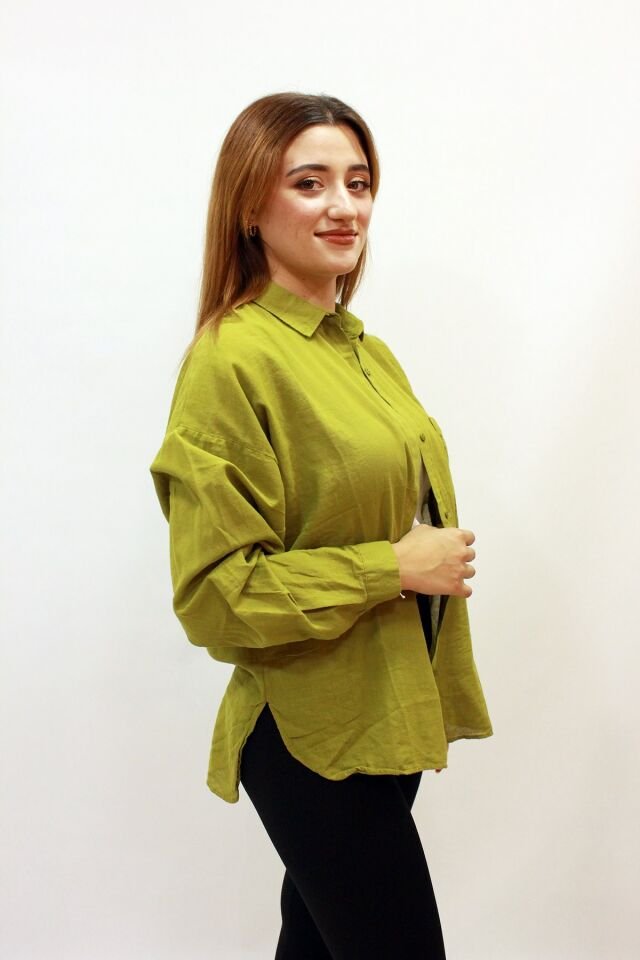 Bengalin 4294 Tek Cep Oversize Kadın Düz Gömlek Yağ Yeşili