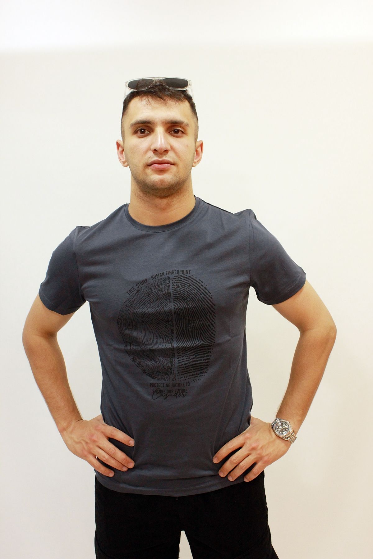CAZ 4203 Bisiklet Yaka Baskılı Erkek T-Shirt Antrasit