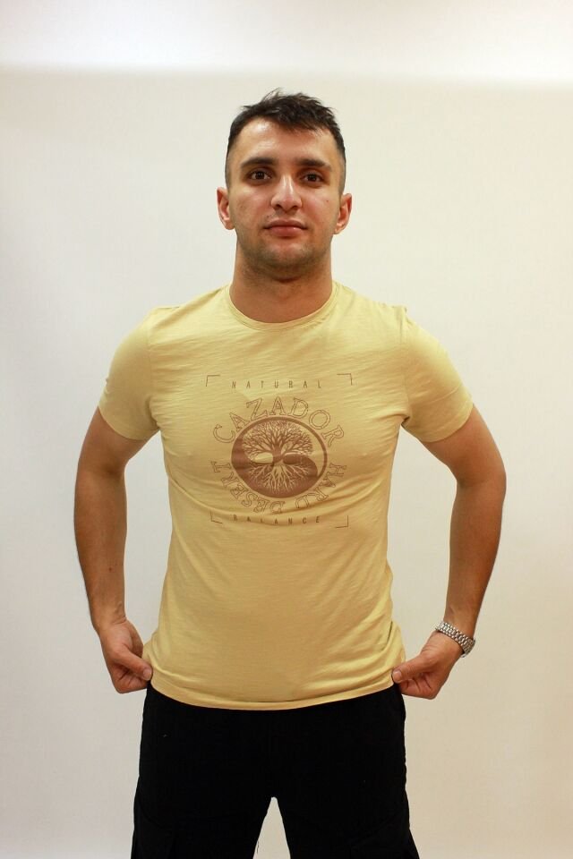 CAZ 4047 Bisiklet Yaka Baskılı Erkek T-Shirt Kum