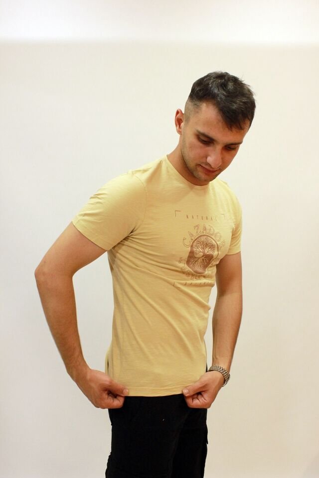 CAZ 4047 Bisiklet Yaka Baskılı Erkek T-Shirt Kum