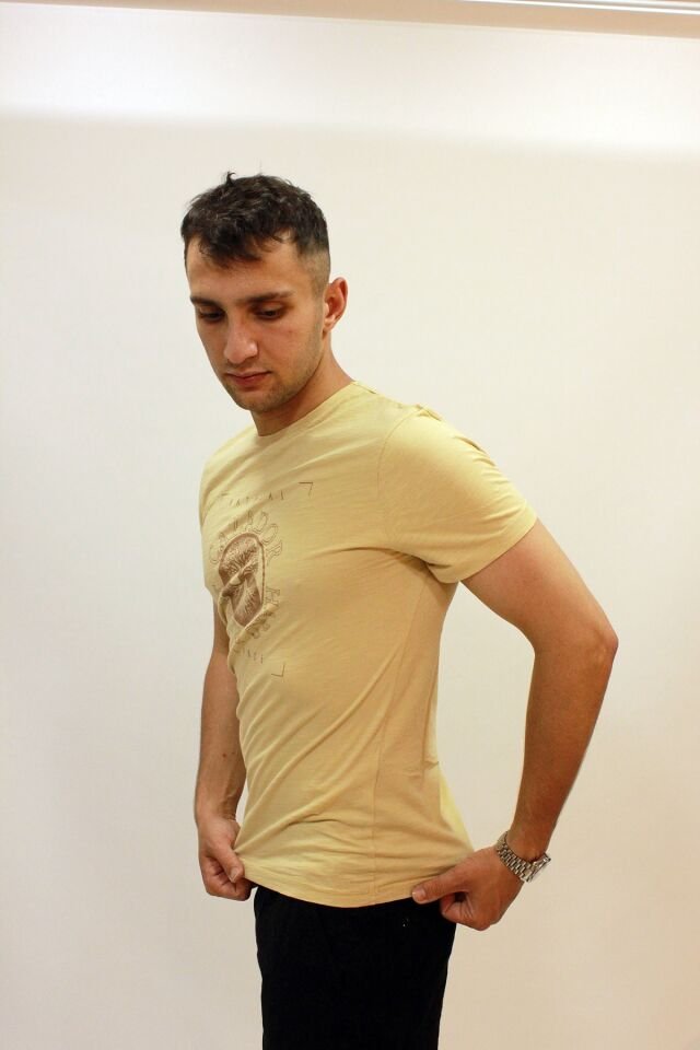 CAZ 4047 Bisiklet Yaka Baskılı Erkek T-Shirt Kum