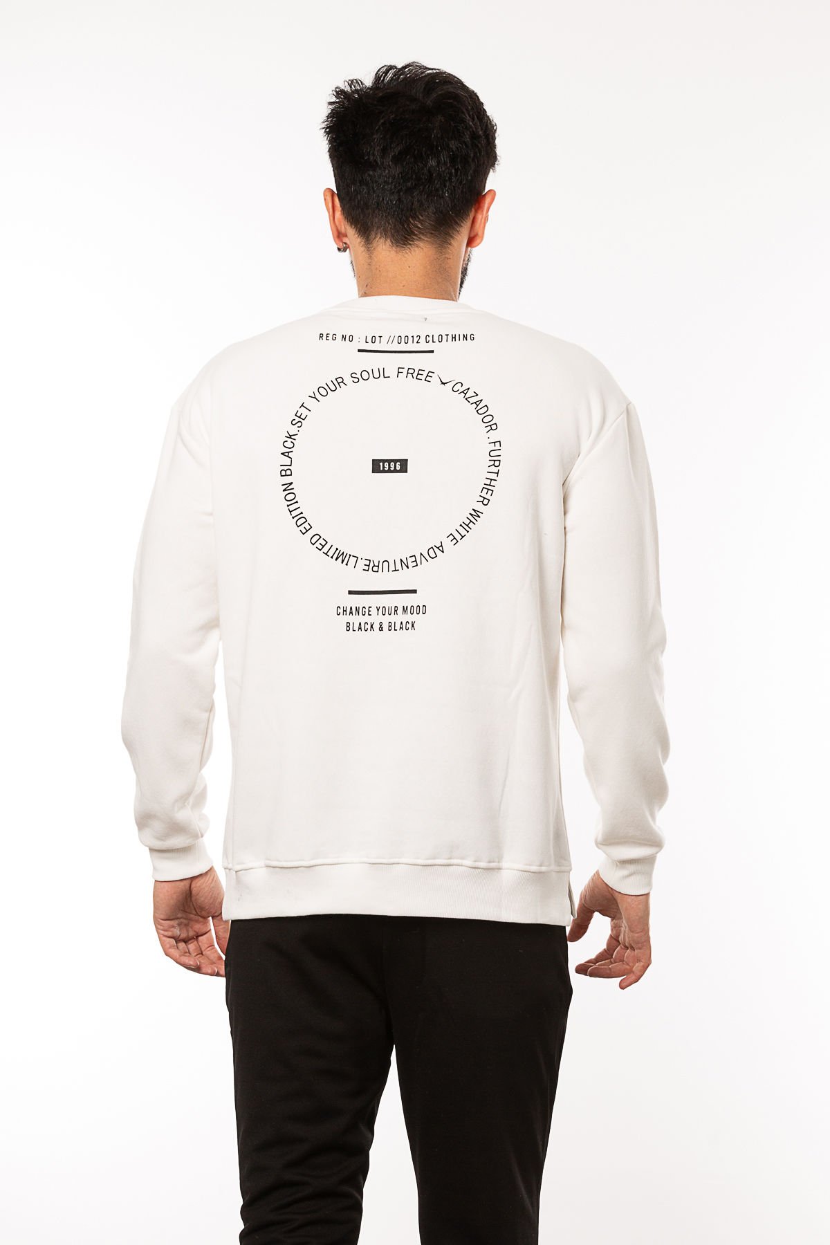 CAZ 5107 Sırt Baskılı Bisiklet Yaka Oversize Erkek Sweatshirt Ekru