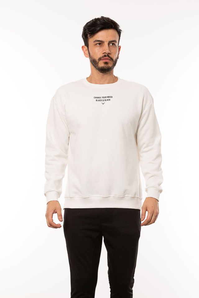 CAZ 5107 Sırt Baskılı Bisiklet Yaka Oversize Erkek Sweatshirt Ekru