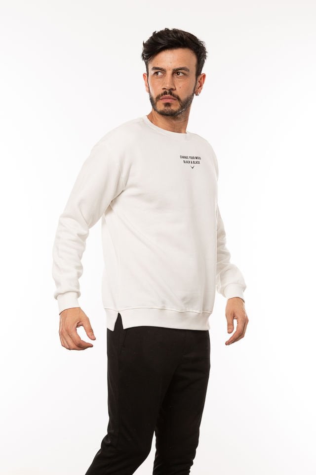 CAZ 5107 Sırt Baskılı Bisiklet Yaka Oversize Erkek Sweatshirt Ekru