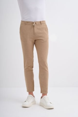 Cazador 0008 Bel Bağcıklı Ham Keten Jogger Pantolon Camel