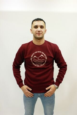 Caz 5225 Baskılı Bisiklet Yaka Erkek 3 İplik Kalın Sweat Bordo