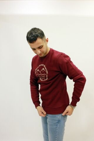 Caz 5225 Baskılı Bisiklet Yaka Erkek 3 İplik Kalın Sweat Bordo