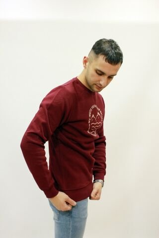Caz 5225 Baskılı Bisiklet Yaka Erkek 3 İplik Kalın Sweat Bordo