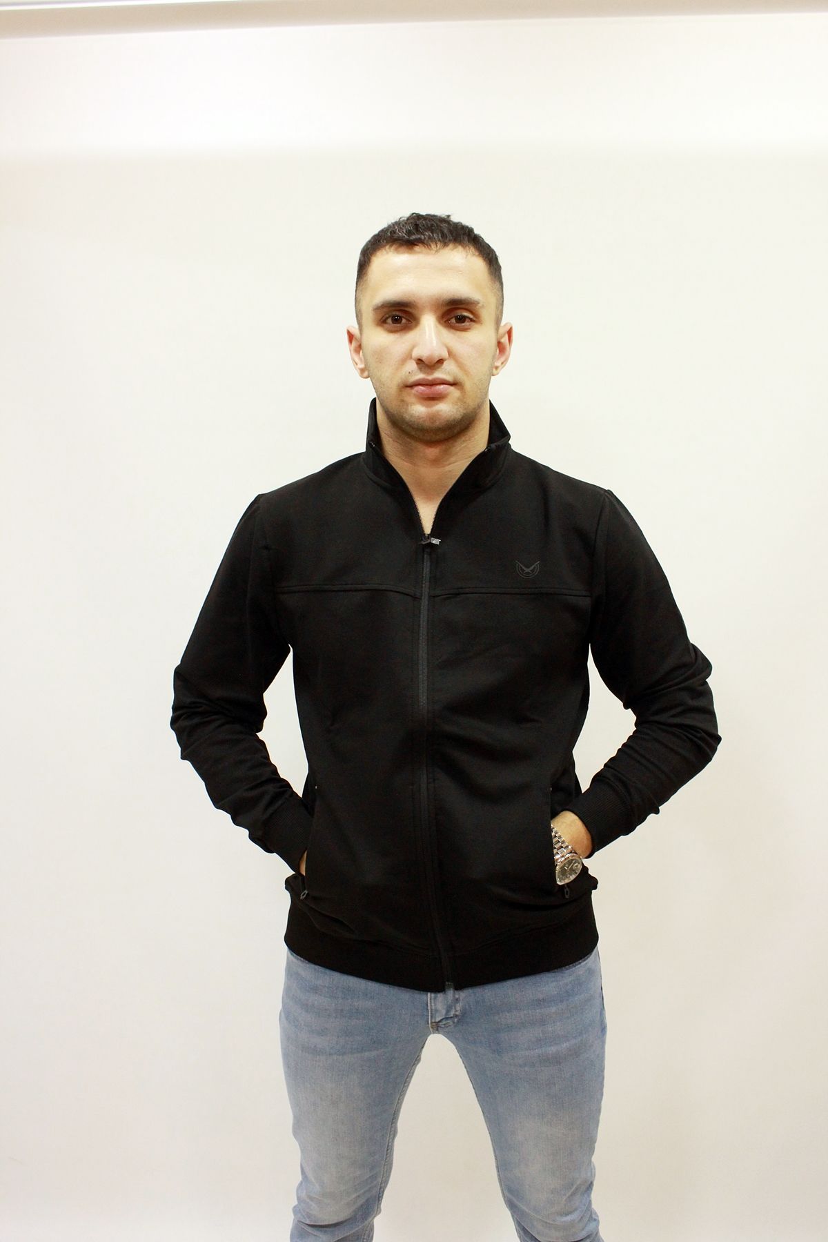 Caz 5190 Dİk Yaka Fermuarlı 2 İplik Erkek  Sweat Ceket Siyah