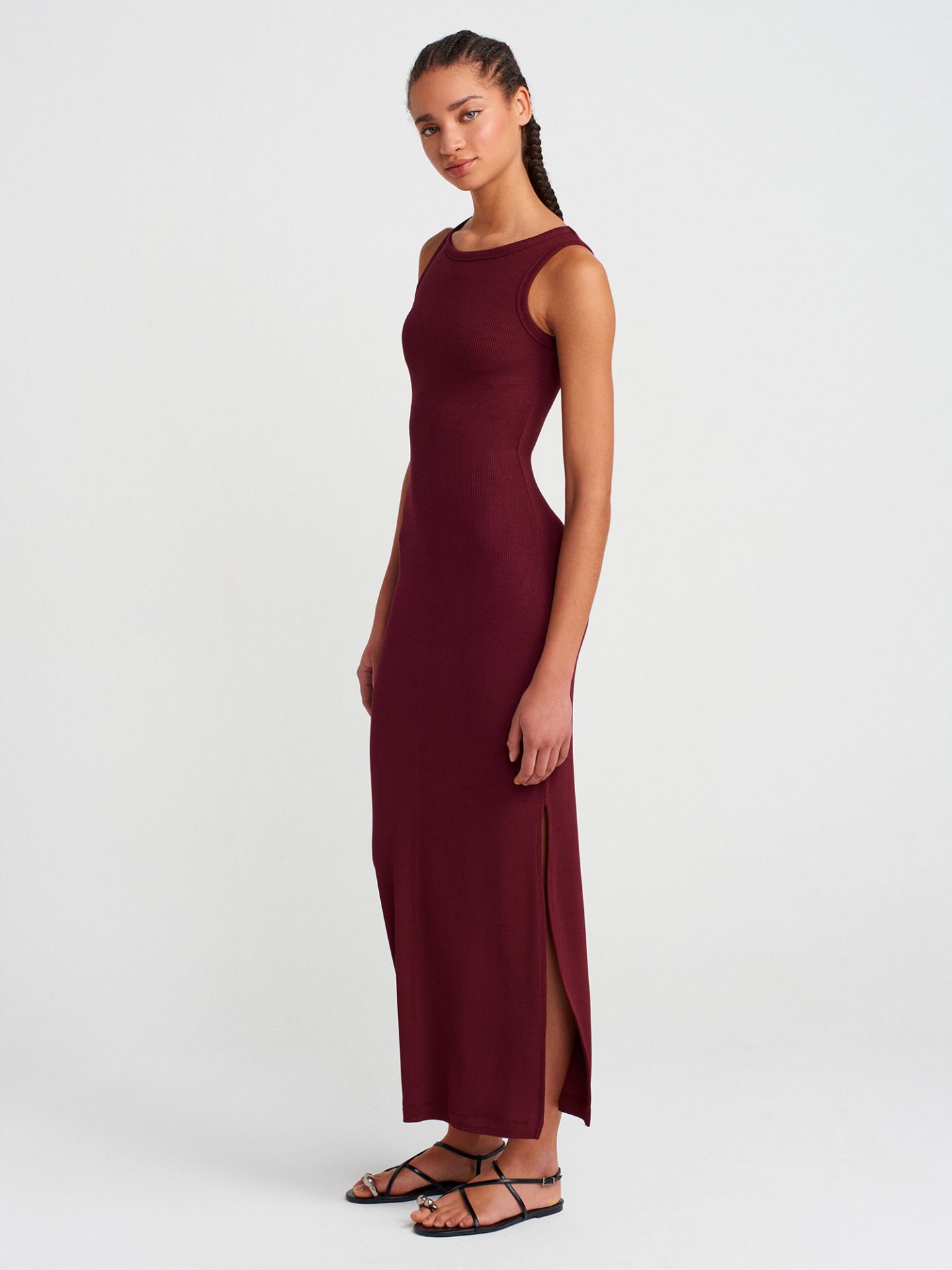 DİLVİN 91381 Likralı Yırtmaç Detaylı Midi Boy Elbise-Bordo
