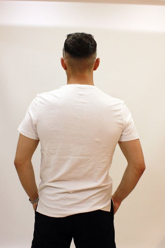 Caz 4222 Kendinden Dokuma Baskılı Erkek Bisiklet Yaka T-shirt Beyaz