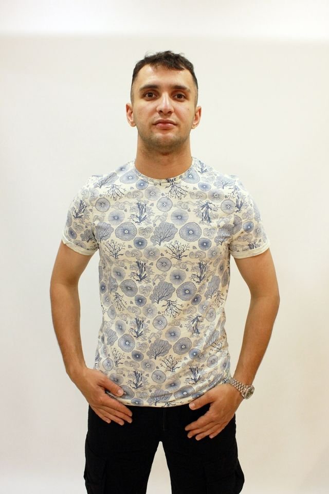 Caz 4123 Desenli Bisiklet Yaka Erkek T-Shirt Ekru