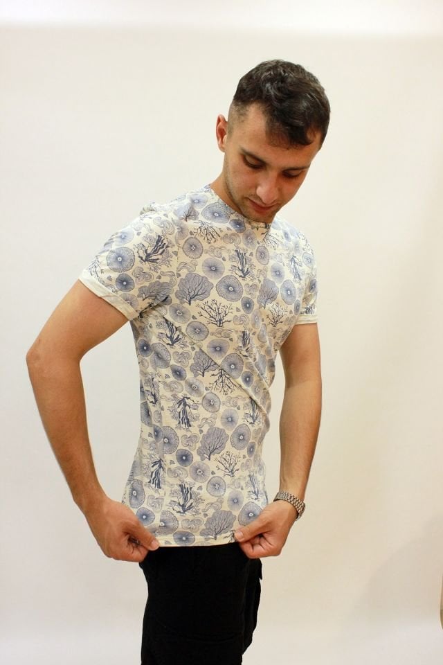 Caz 4123 Desenli Bisiklet Yaka Erkek T-Shirt Ekru