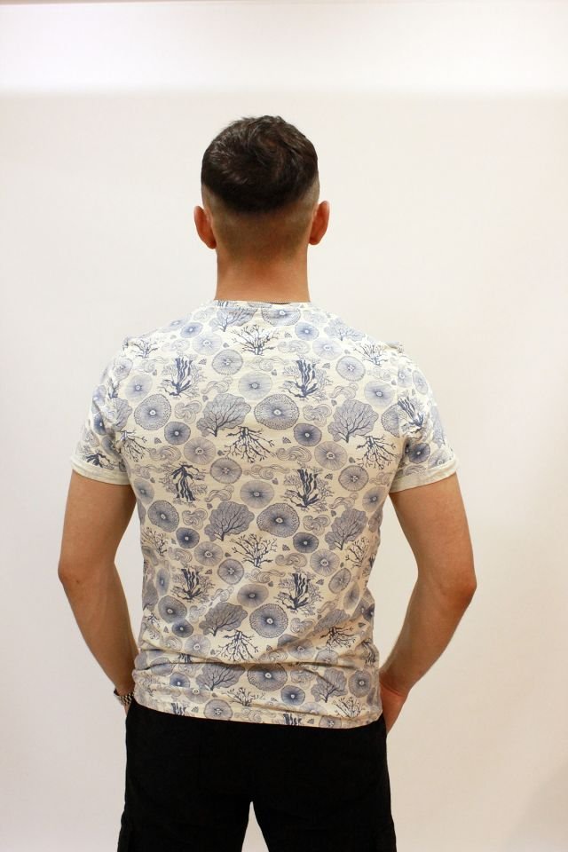 Caz 4123 Desenli Bisiklet Yaka Erkek T-Shirt Ekru