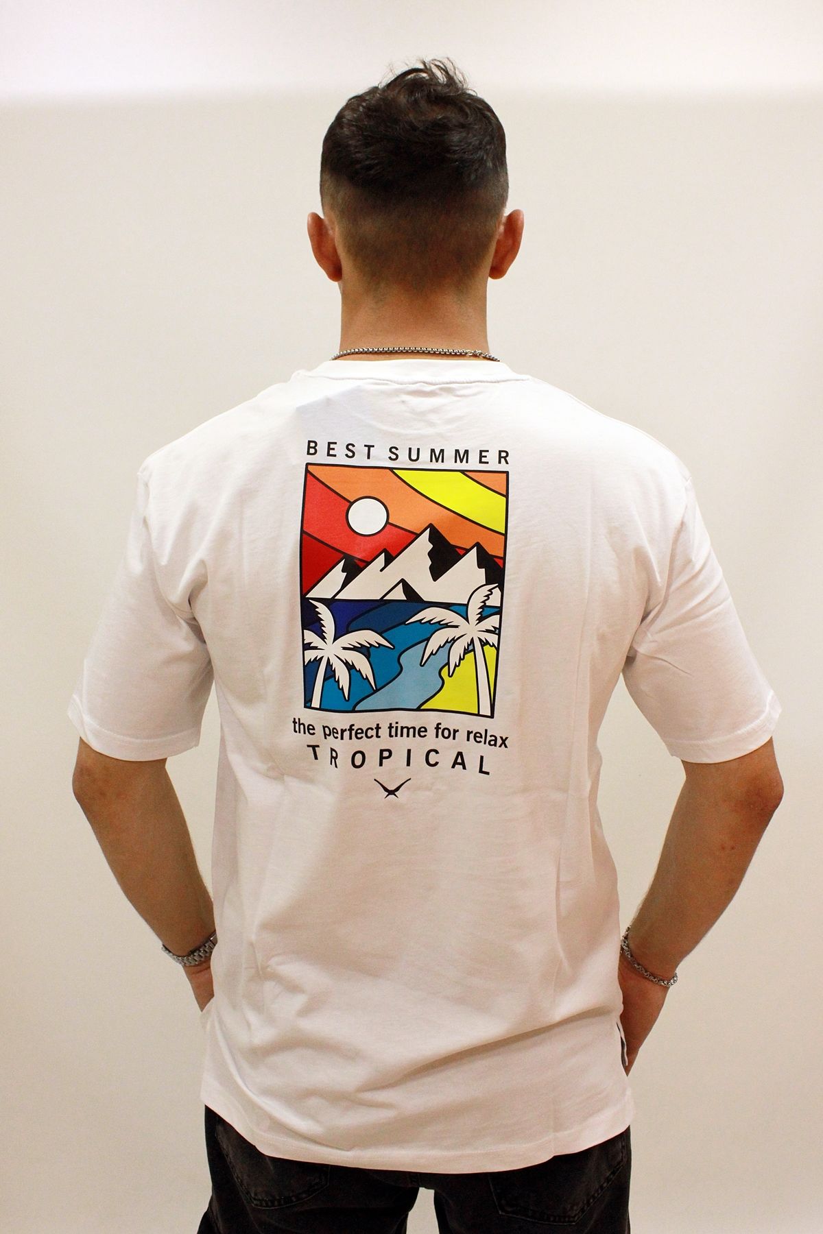 Cazador 4197 Sırt Baskılı Relax Fit Erkek Bisiklet Yaka T-shirt Beyaz
