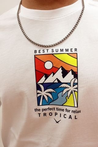 Cazador 4197 Sırt Baskılı Relax Fit Erkek Bisiklet Yaka T-shirt Beyaz