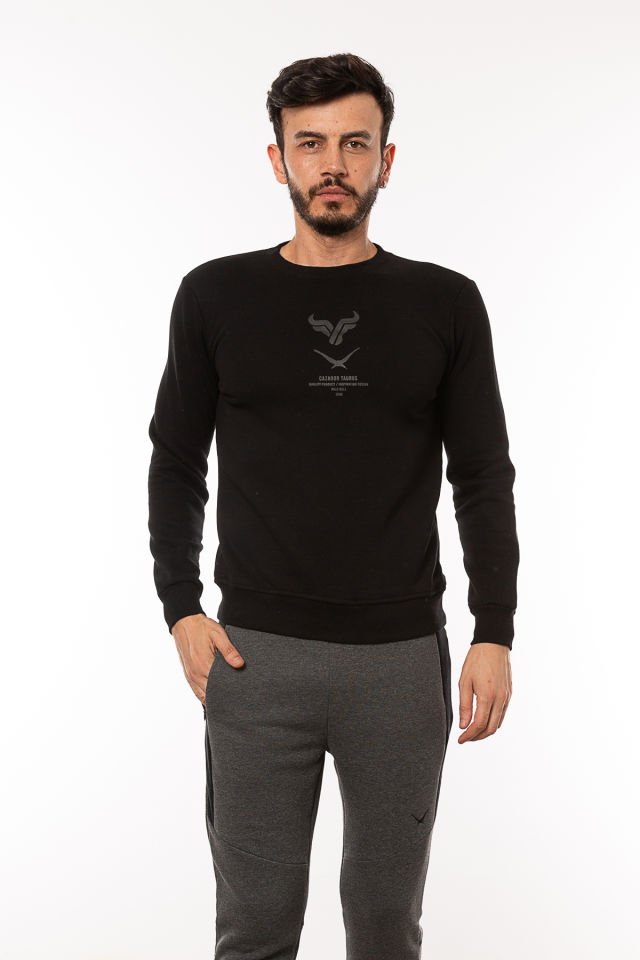 Caz 5218 Bisiklet Yaka Baskılı 3 İplik Erkek Sweat Siyah