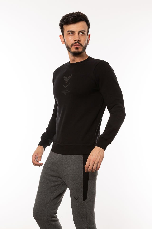Caz 5218 Bisiklet Yaka Baskılı 3 İplik Erkek Sweat Siyah