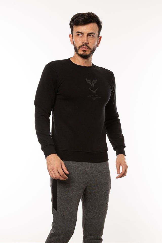 Caz 5218 Bisiklet Yaka Baskılı 3 İplik Erkek Sweat Siyah