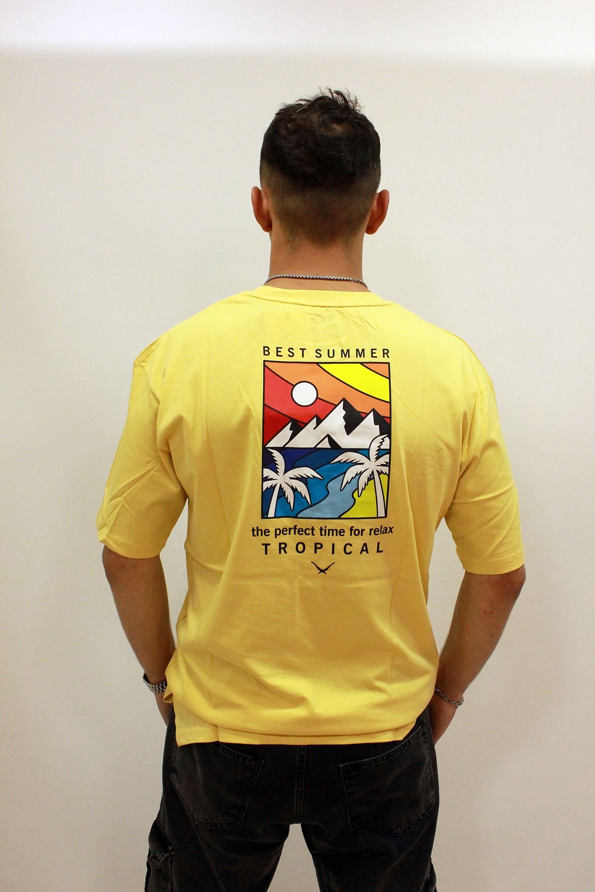 Cazador 4197 Sırt Baskılı Relax Fit Erkek Bisiklet Yaka T-shirt Hardal