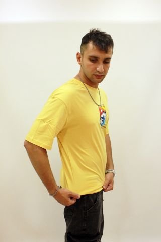 Cazador 4197 Sırt Baskılı Relax Fit Erkek Bisiklet Yaka T-shirt Hardal