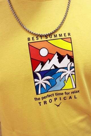 Cazador 4197 Sırt Baskılı Relax Fit Erkek Bisiklet Yaka T-shirt Hardal
