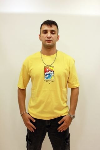Cazador 4197 Sırt Baskılı Relax Fit Erkek Bisiklet Yaka T-shirt Hardal