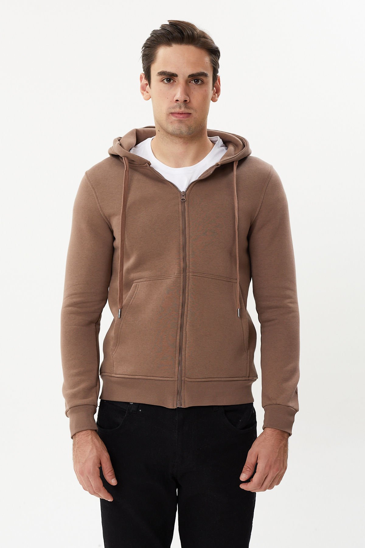Twister ESW 2889 Mocha Kapşonlu Fermuarlı Erkek Sweat Ceket Sütlü Kahve