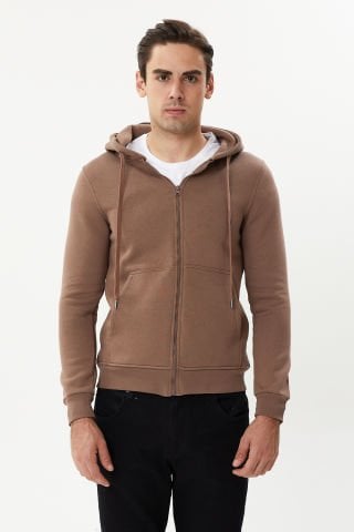 Twister ESW 2889 Mocha Kapşonlu Fermuarlı Erkek Sweat Ceket Sütlü Kahve