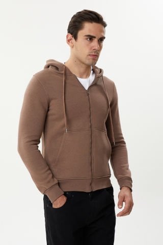 Twister ESW 2889 Mocha Kapşonlu Fermuarlı Erkek Sweat Ceket Sütlü Kahve