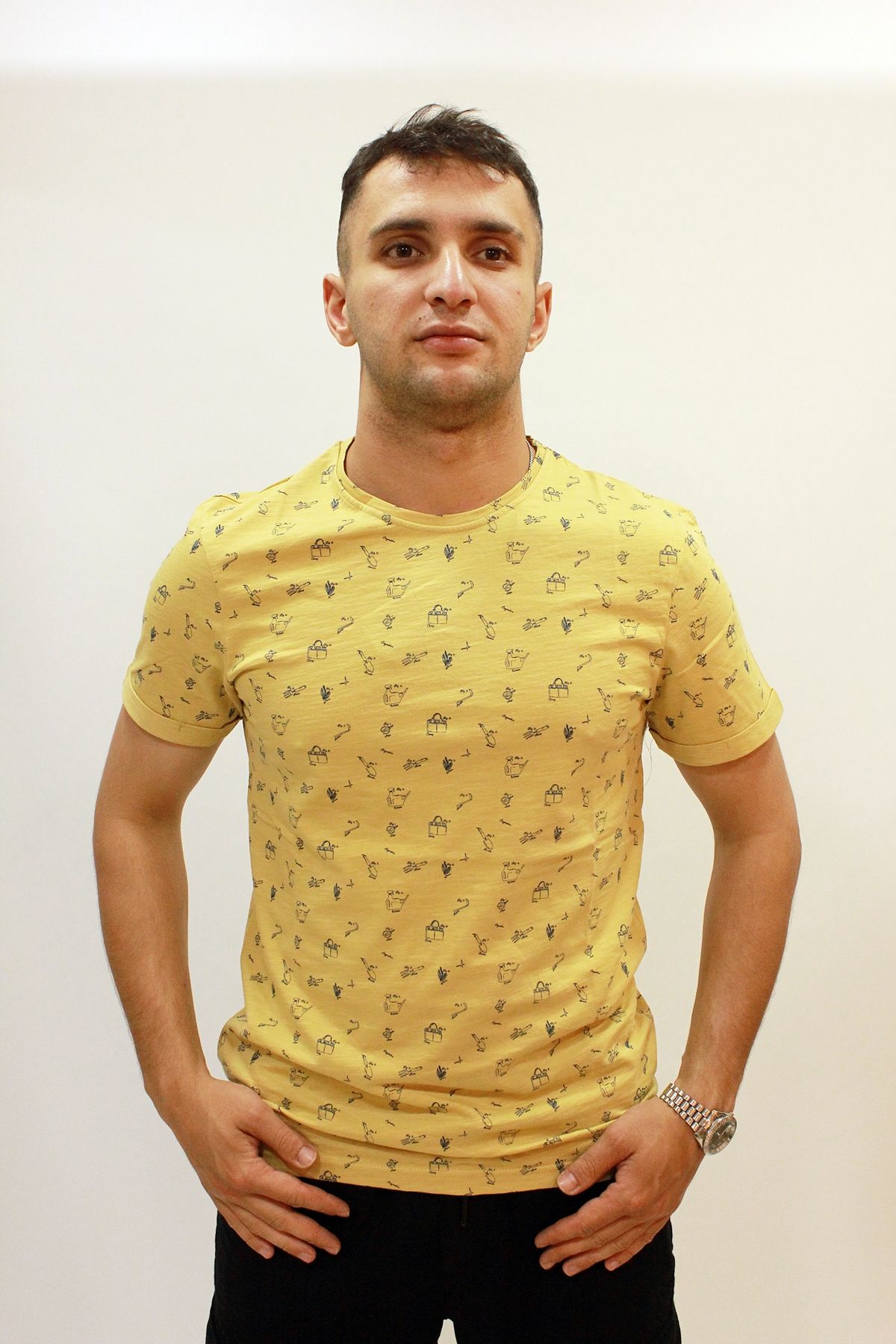 Caz 4174 Bisiklet Yaka Kendinden Desenli Erkek T-Shirt Camel