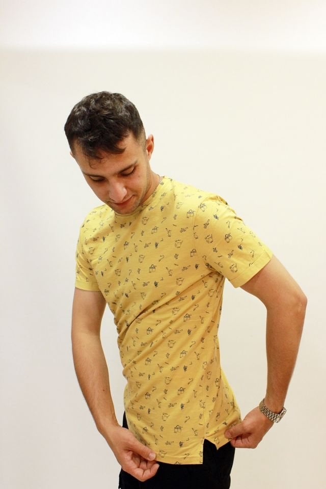 Caz 4174 Bisiklet Yaka Kendinden Desenli Erkek T-Shirt Camel